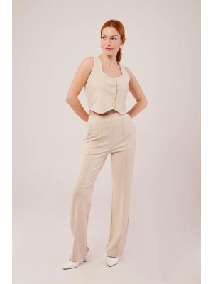 Kalın Askılı Düğmeli Yelek Ve Pantolon Bej Takım