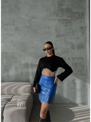 KAPİTONE DERİ ETEK YIRTMAÇLI - Saks