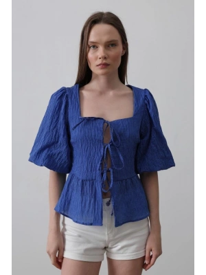 Kare Yaka Balon Kol Bluz - Mavi