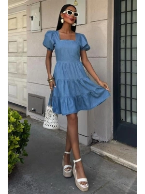 Kare Yakalı Ve Gipe Detaylı Tensel Elbise 2883