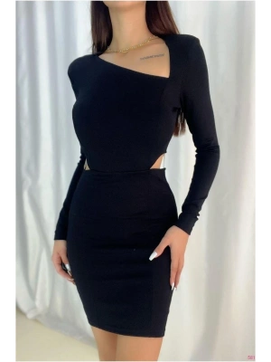Kayık Yaka Uzun Elbise Kollu Mini