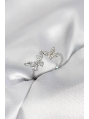 Kelebek Model Zirkon Taşlı Gümüş Renk Kadın Yüzük