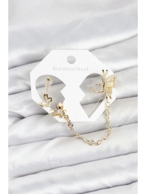 Kelebekli Model Pirinç Gold Renk Zincir Bağlantılı Ear Cuff Küpe Seti