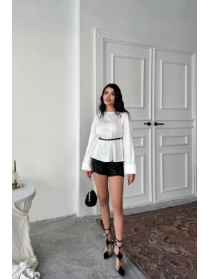 KEMER DETAYLI SATEN BLUZ - Beyaz