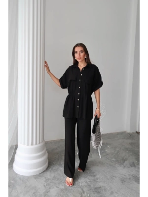 KETEN BELDEN BÜZGÜ DETAYLI GÖMLEK - PANTOLON TAKIM - Siyah