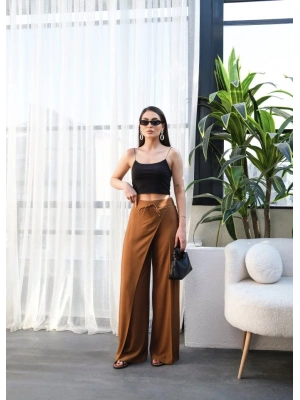 Keten Önü Çapraz Parçali Lasti̇kli̇ Ve Bağcikli Geni̇ş Paça Pantolon