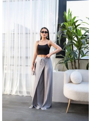 Keten Önü Çapraz Parçali Lasti̇kli̇ Ve Bağcikli Geni̇ş Paça Pantolon