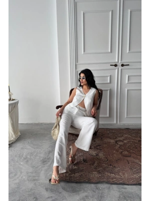 KETEN TEK DÜĞME YELEK-PANTOLON TAKIM - Beyaz