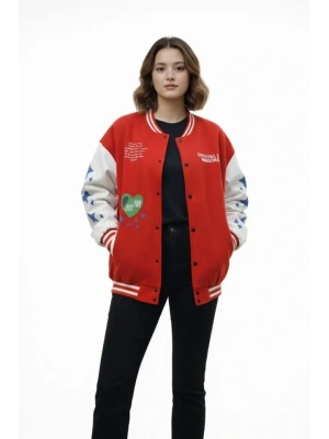 Kırmızı Varsity Çıtçıtlı Baskılı Oversize Kalıp Kolej Ceket - Kırmızı