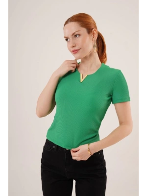 Kısa Kollu Yaka Detaylı Kaşkorse Yeşil Bluz