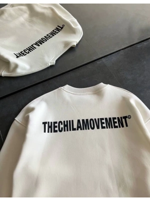 Kışlık Bisiklet Yaka Oversize Baskılı SweatShirt - Beyaz