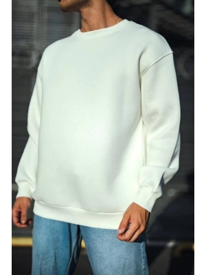 Kışlık Bisiklet Yaka Üç İplik Basic SweatShirt - Beyaz