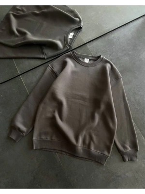 Kışlık Bisiklet Yaka Üç İplik Basic SweatShirt - Füme
