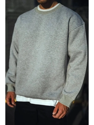 Kışlık Bisiklet Yaka Üç İplik Basic SweatShirt - Gri