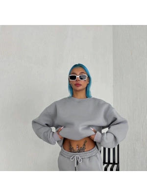 Kışlık Bisiklet Yaka Üç İplik Basic SweatShirt - Gri