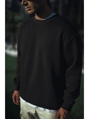 Kışlık Bisiklet Yaka Üç İplik Basic SweatShirt - Siyah