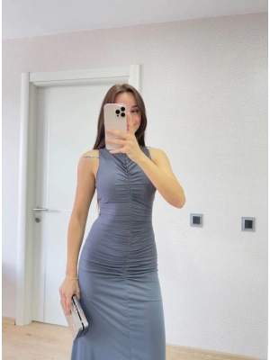 Kolsuz Büzgülü Uzun Elbise - Füme