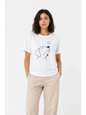 Köpek Figürlü Minimal Baskılı Tişört Kısa Kol Yazlık T-Shirt - Beyaz