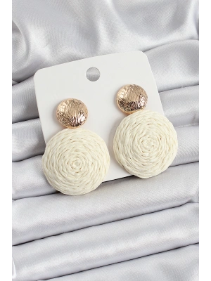 Krem Daire Figürlü Hasır Örgü Model Gold Renk Kadın Küpe