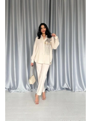 Krem Pulpayet Nakışlı Bedensiz Gömlek
