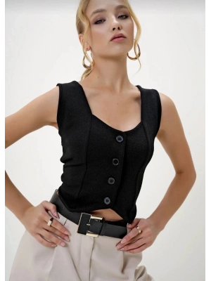 Krep kumaş düğmeli yelek siyah s3395