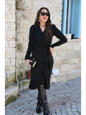 Krep Kumaş Midi Boy Kuşaklı Uzunkol Elbise 113 Cm