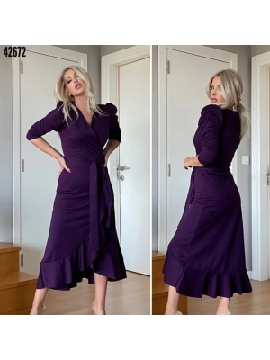 Krep Kumaş Midi Boy Kuşaklı Uzunkol Elbise