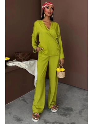 Kruvaze Model Klasik Pantolonlu Çupra Keten Takım 10191