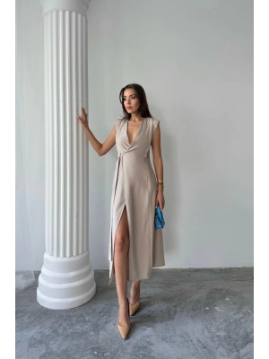 KRUVAZE VATKALI KOLSUZ ELBİSE MODAL KUMAŞ - Bej