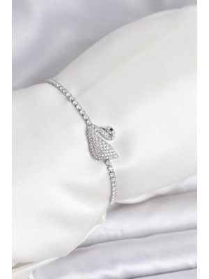 Kuğu Model Zirkon Taşlı Gümüş Renk Asansörlü Su Yolu Bileklik