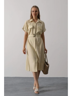 Kuşaklı Cep Detaylı Yarım Kol Elbise - Ekru