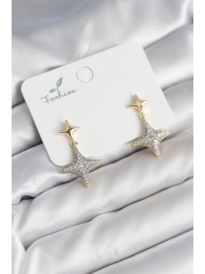 Kutup Yıldızı Pirinç Gold Renk Zirkon Taşlı Kadın Küpe