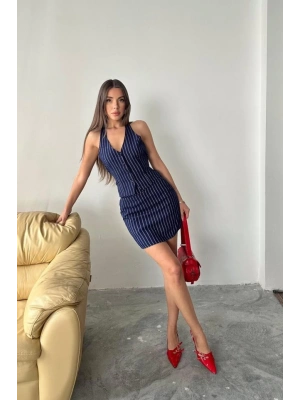 Lacivert Çizgili Yelek Ve Etek Takım