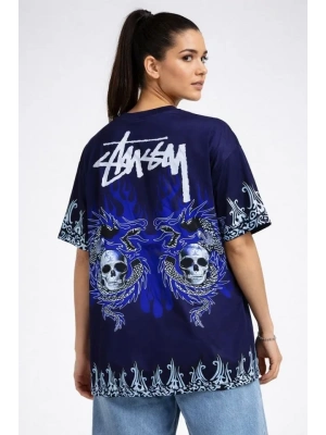 Lacivert Oversize Tişört Dragon - Kuru Kafa Baskılı Bisiklet Yaka T-Shirt - Lacivert