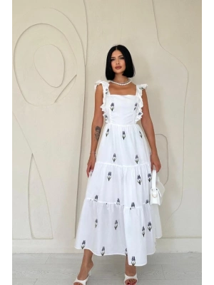 Lacivert Sıfır Kol Fırfırlı Elbise