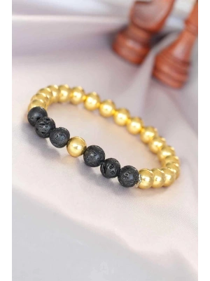 Lav Doğal Taş Detaylı Hematit Gold Renk Erkek Bileklik