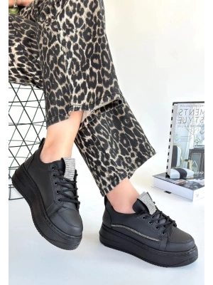 Leope Siyah Cilt Bağcıklı Spor Ayakkabı