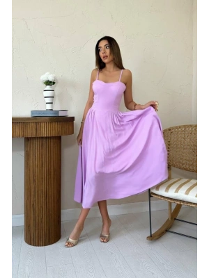 Lila Göğüs Kuplu Uzun Büzgülü Elbise