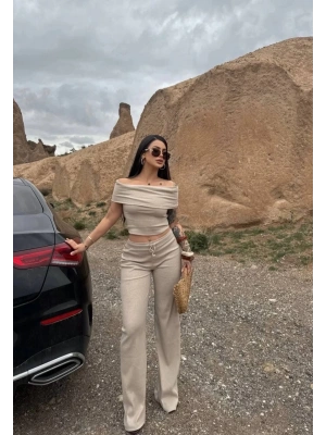 Madonna yaka bol paça pantolonlu takım