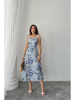 Mavi Çiçekli Viskon Elbise