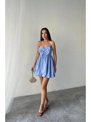 Mavi Önü Fiyonklu Askılı Elbise