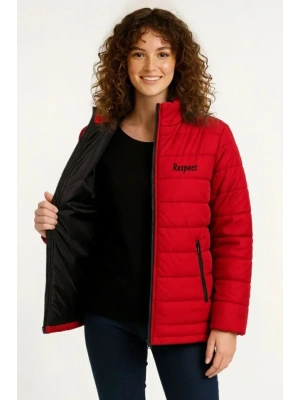 Mikro Su İtici Kapitone Baskılı Astarlı Fermuarlı Bomber Mont - Kırmızı