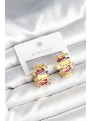 Mineli Karışık Renkli Gold Pirinç Kadın Küpe