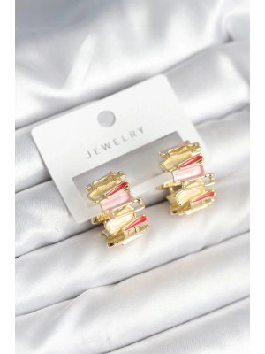 Mineli Karışık Renkli Gold Pirinç Kadın Küpe
