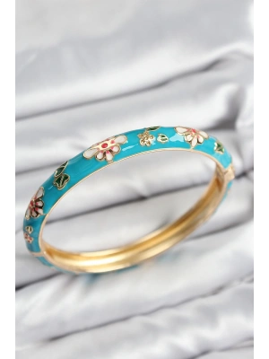 Mineli Pirinç Mavi Çiçek Motifli Gold Kadın Kelepçe