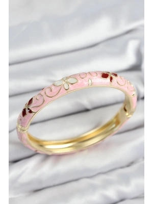 Mineli Pirinç Pembe Çiçek Motifli Gold Kadın Kelepçe