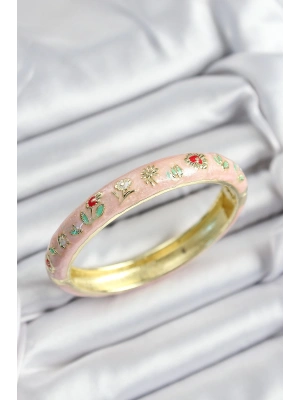 Mineli Pirinç Pembe Çiçek Motifli Gold Renk Kadın Kelepçe