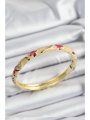 Mineli Pirinç Pembe Ve Krem Çiçek Motifli Gold Renk Kadın Kelepçe
