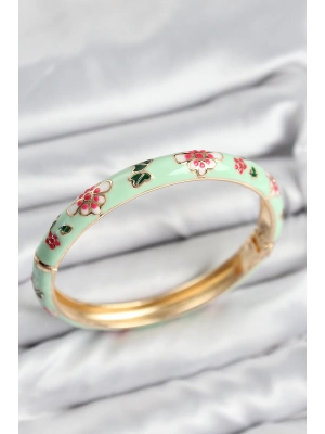 Mineli Pirinç Su Yeşili Çiçek Motifli Gold Kadın Kelepçe