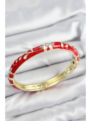 Mineli Pirinç Zirkon Taşlı Kırmızı Çiçek Motifli Gold Kadın Kelepçe